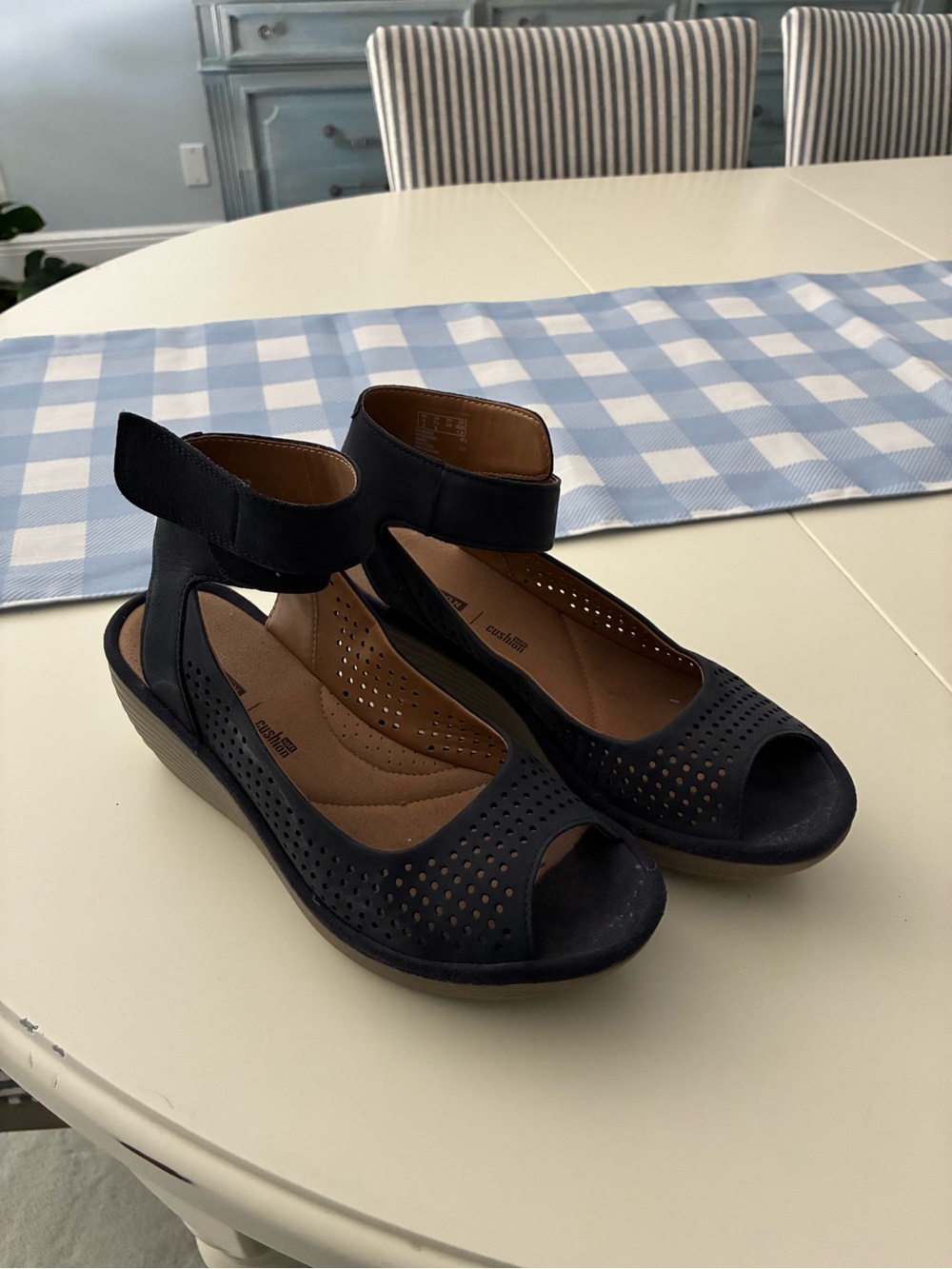 Clarks Navy Perforated Open-Toe Ankle Strap Sandals